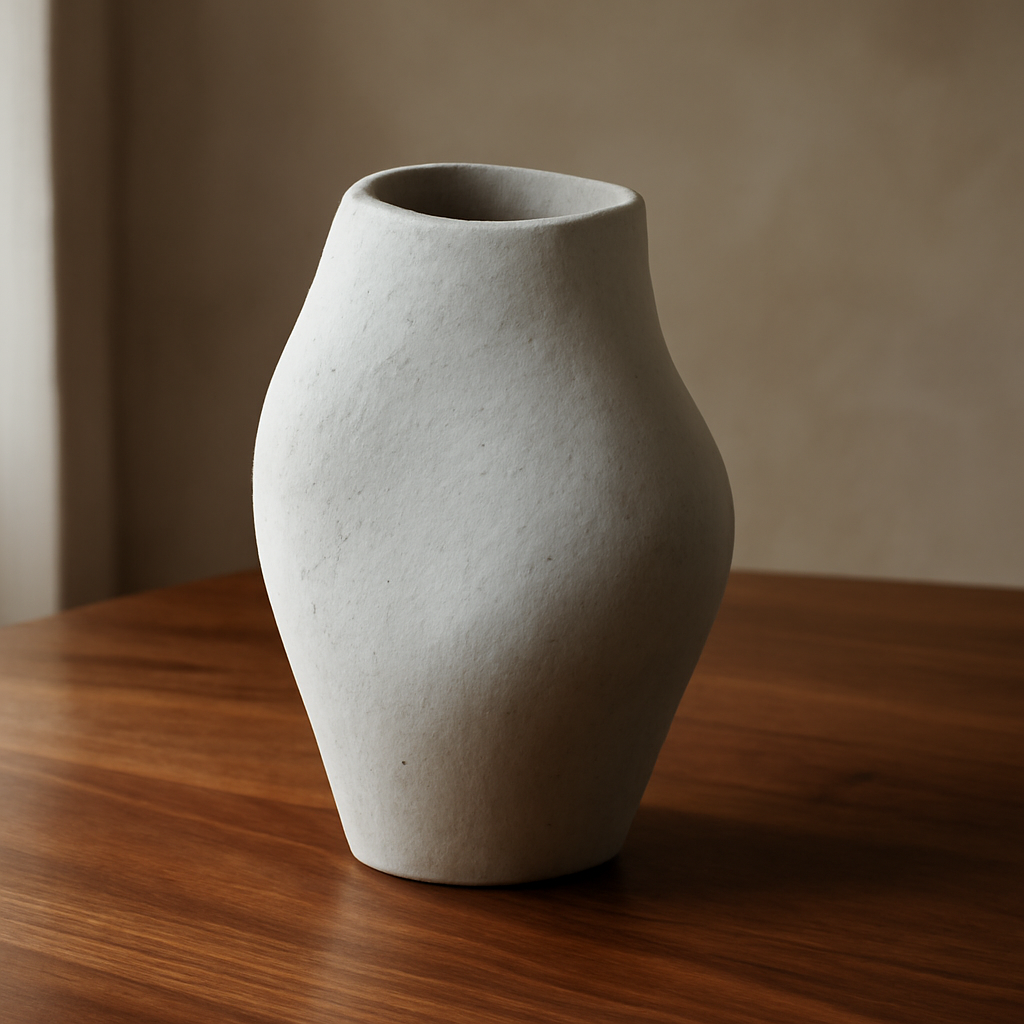Asymmetric cement vase with a sculptural, hand-cast profile