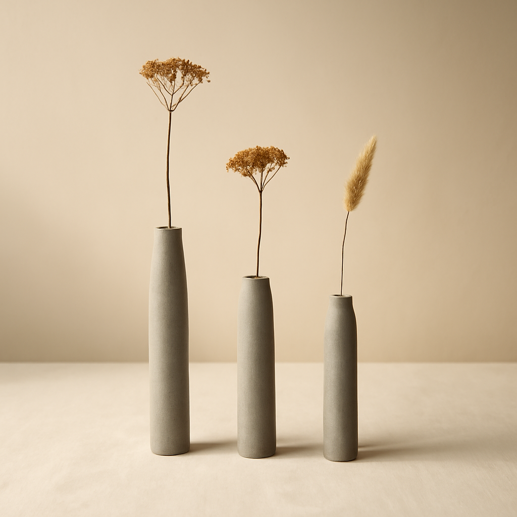 Set of 3 cement bud vases with a clean, tactile finish