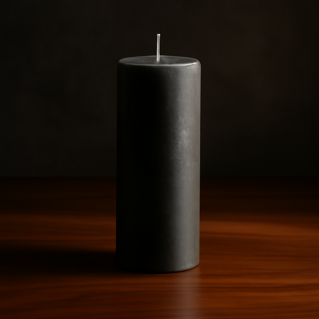 Tall charcoal pillar candle with a clean sculptural silhouette