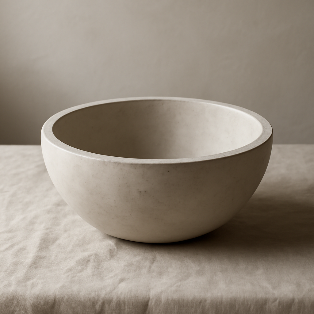 Deep hand-finished cement bowl with a clean, grounded form
