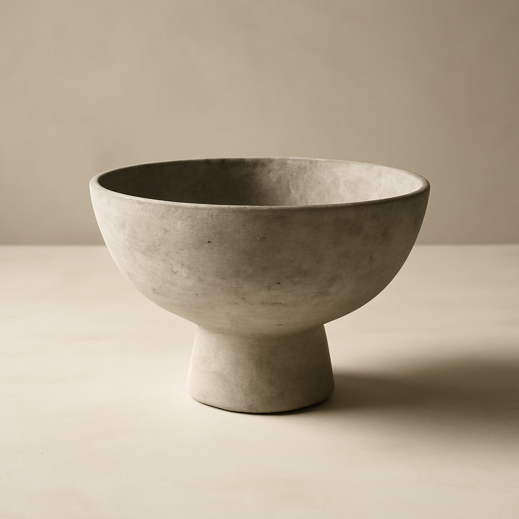 Footed cement bowl with a raised base and clean, minimalist form