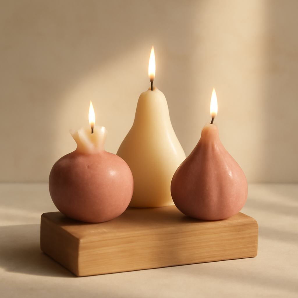 Fruit Trio Candle Set with three sculpted fruit-shaped candles