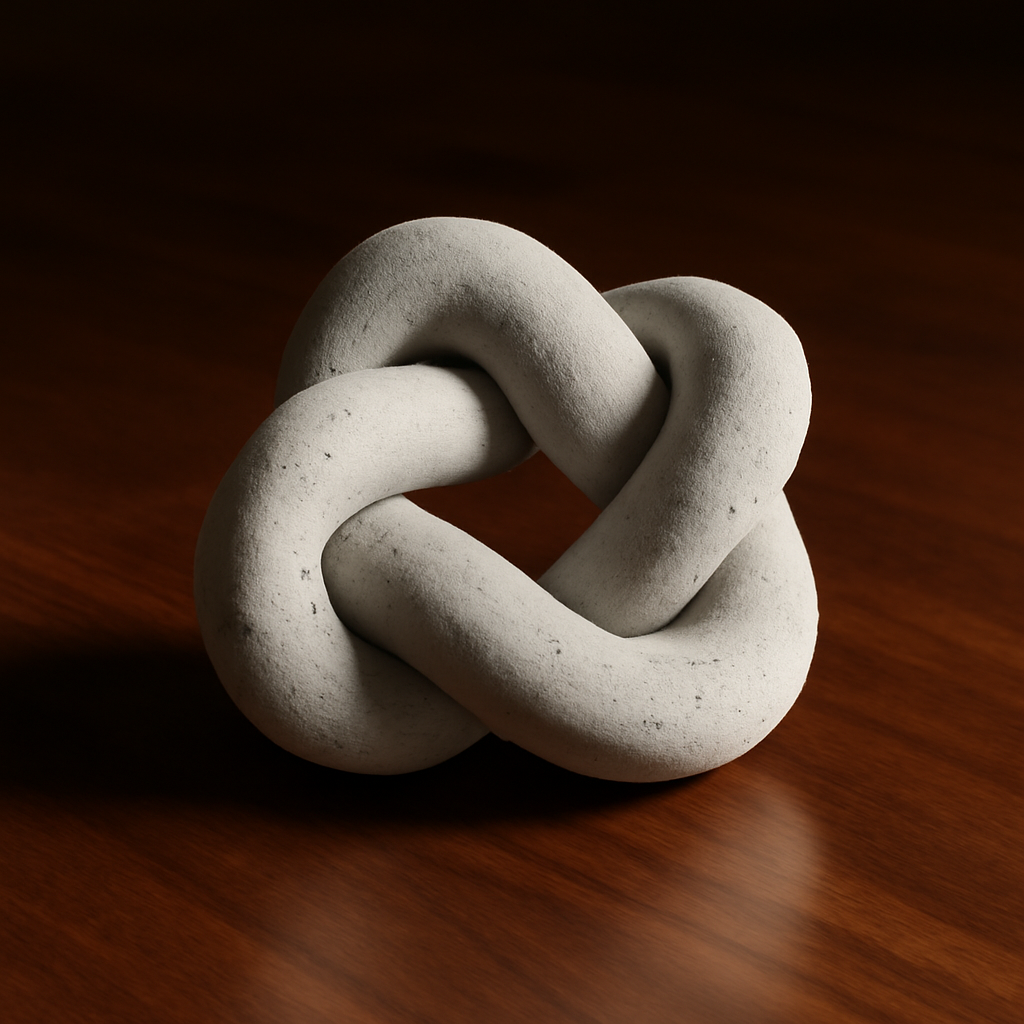 Hand-finished knot sculpture in cement for shelf or console styling
