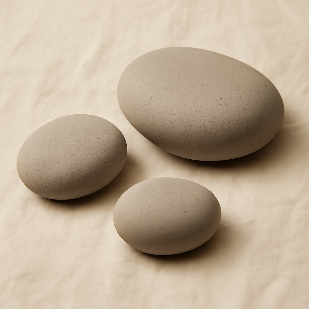 Set of three cement pebble sculptures with a hand-finished surface