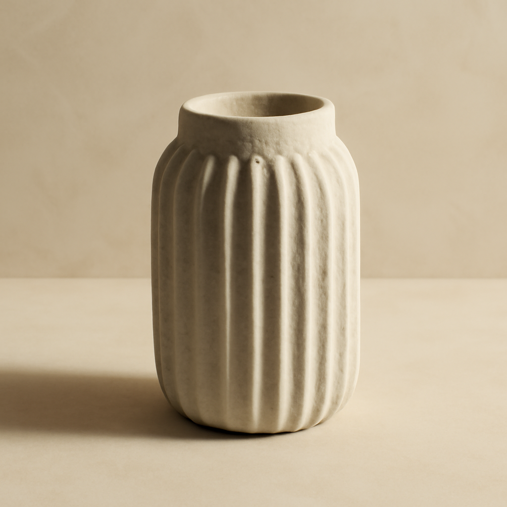 Ribbed cement vase with a textured finish