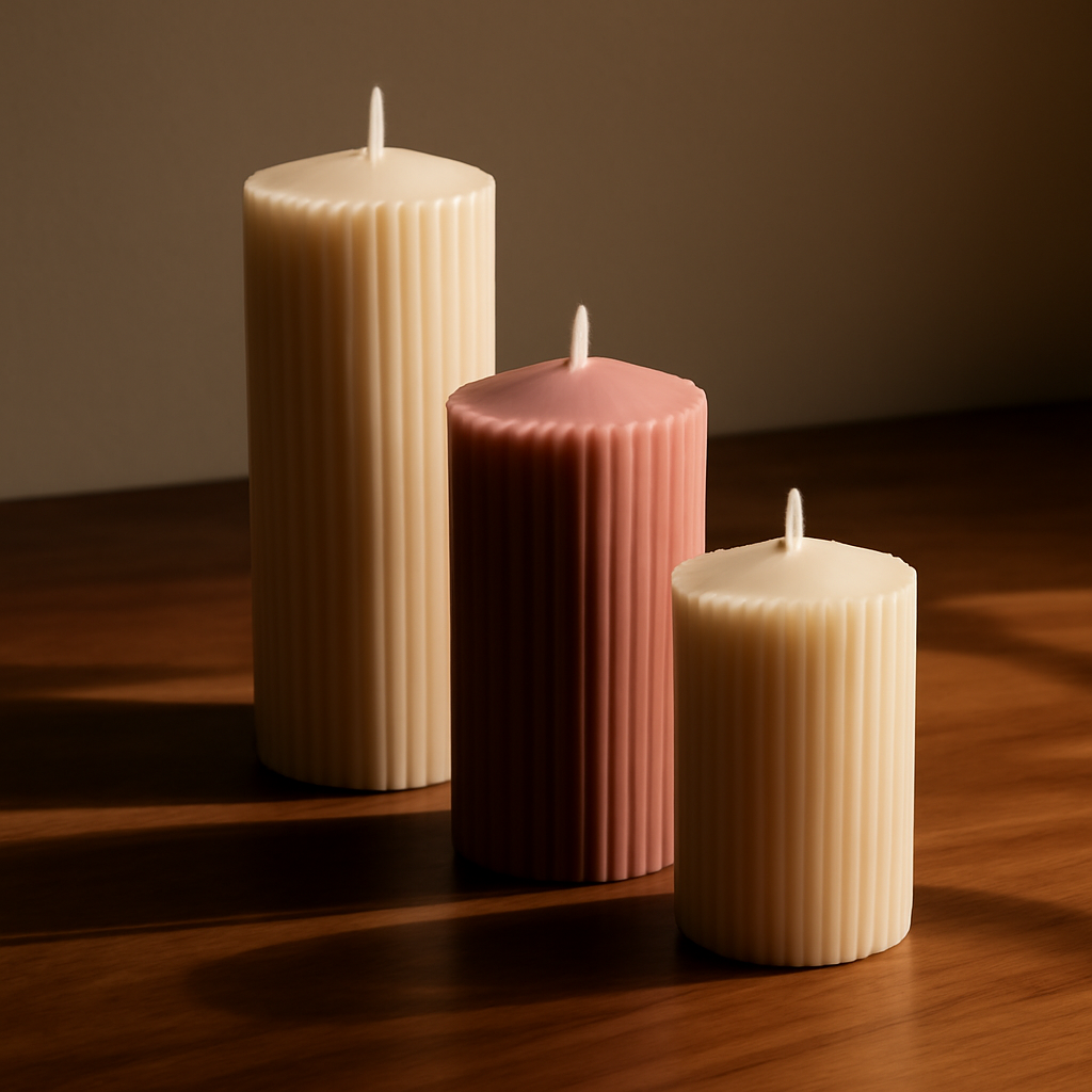 Three ribbed pillar candles arranged as a sculptural trio