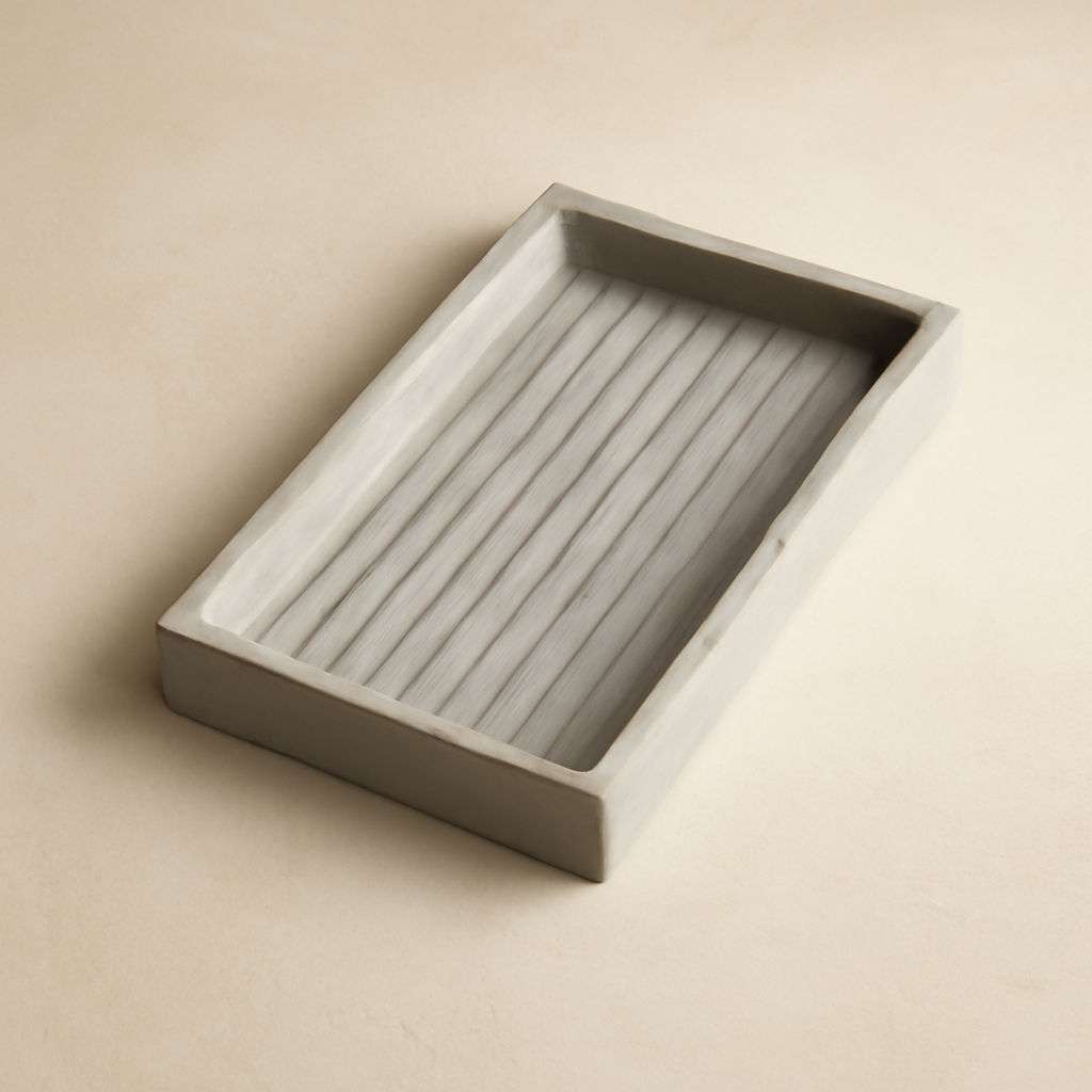 Ridged concrete tray with tactile textured finish