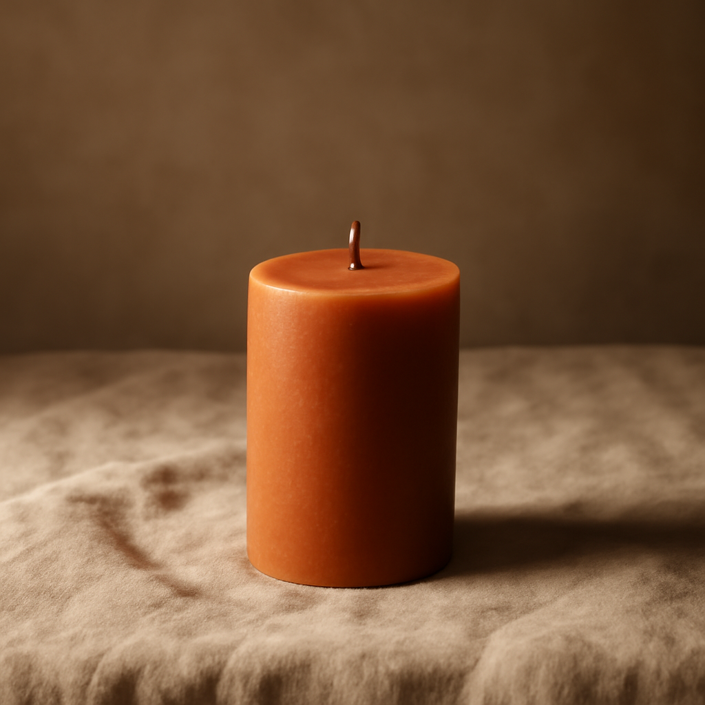 Medium rust pillar candle with a clean sculptural shape