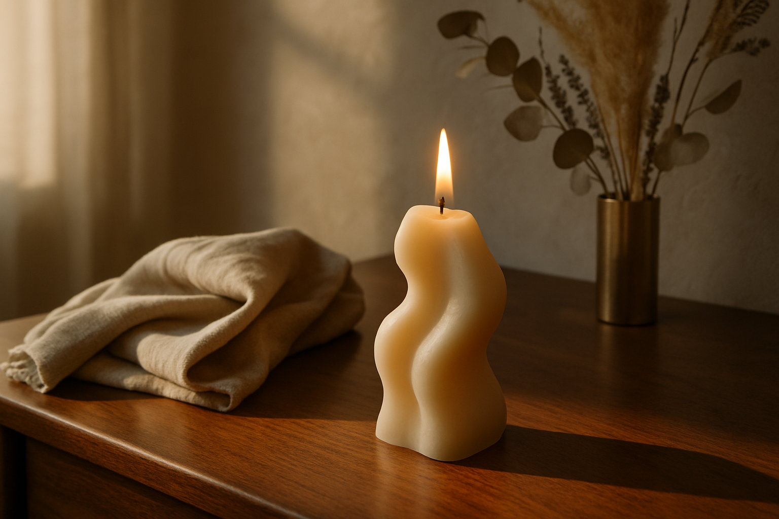 A single sculpted soy-wax candle burning gently on a polished walnut surface, soft golden window light