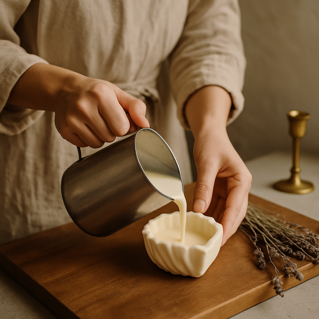 Hands hand-pouring cream soy wax from a metal pitcher into a sculpted silicone mould, soft window light