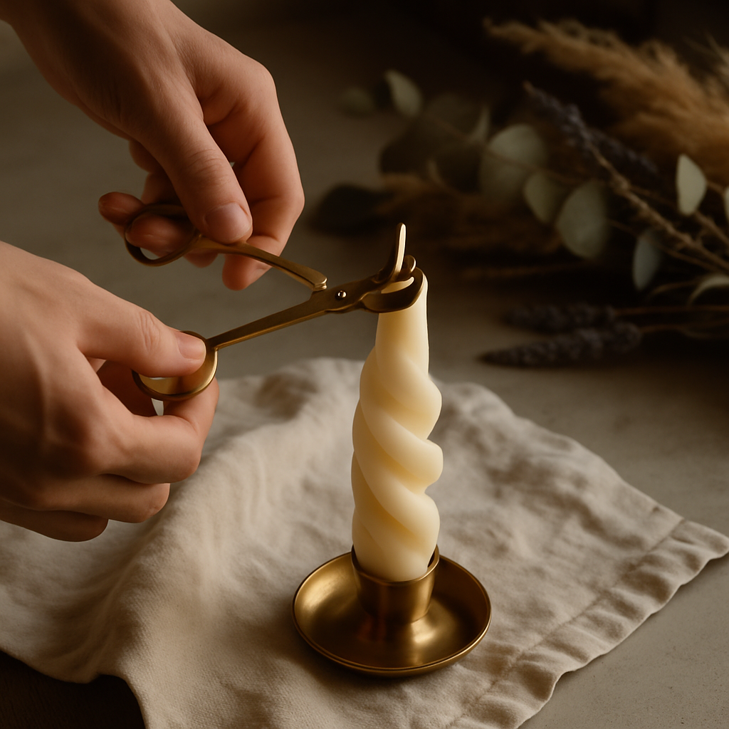 A candle wick being trimmed with a small brass wick trimmer over a sculpted ivory candle