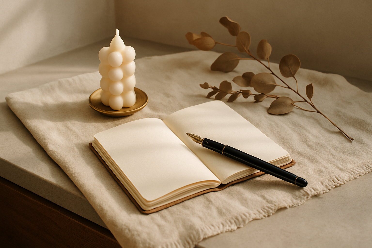 Editorial flatlay: a small notebook, a fountain pen, a single sculpted candle and a sprig of dried eucalyptus on cream linen