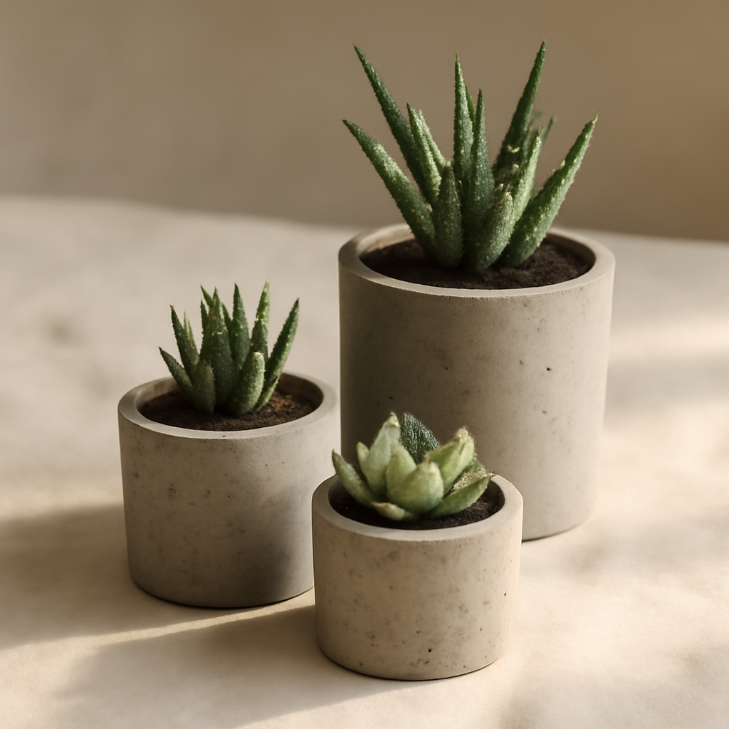 Three cement planters with a clean, textured finish