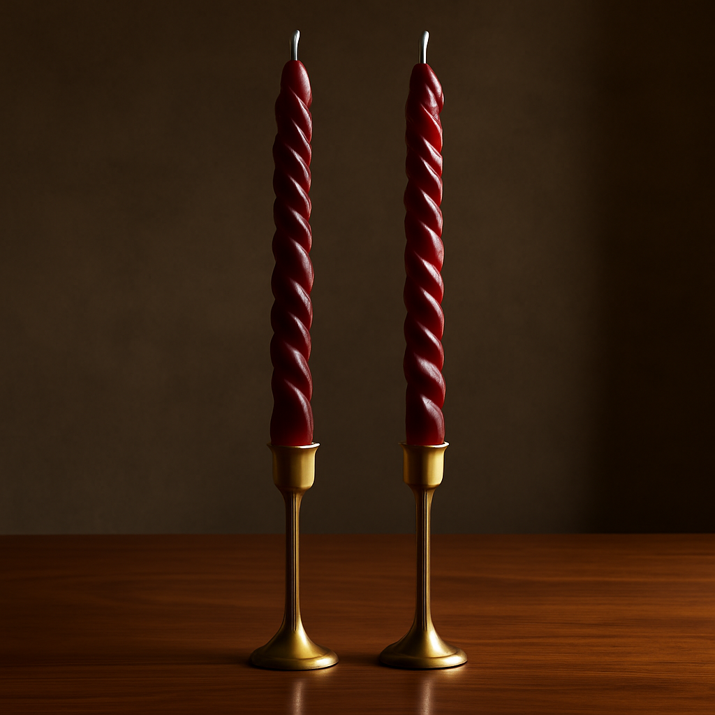 Twisted taper candle pair in burgundy