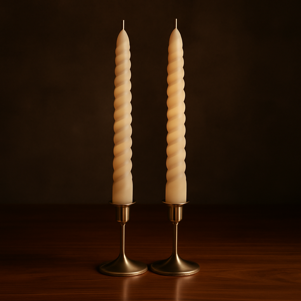 Cream twisted taper candle pair with sculptural spiral detail