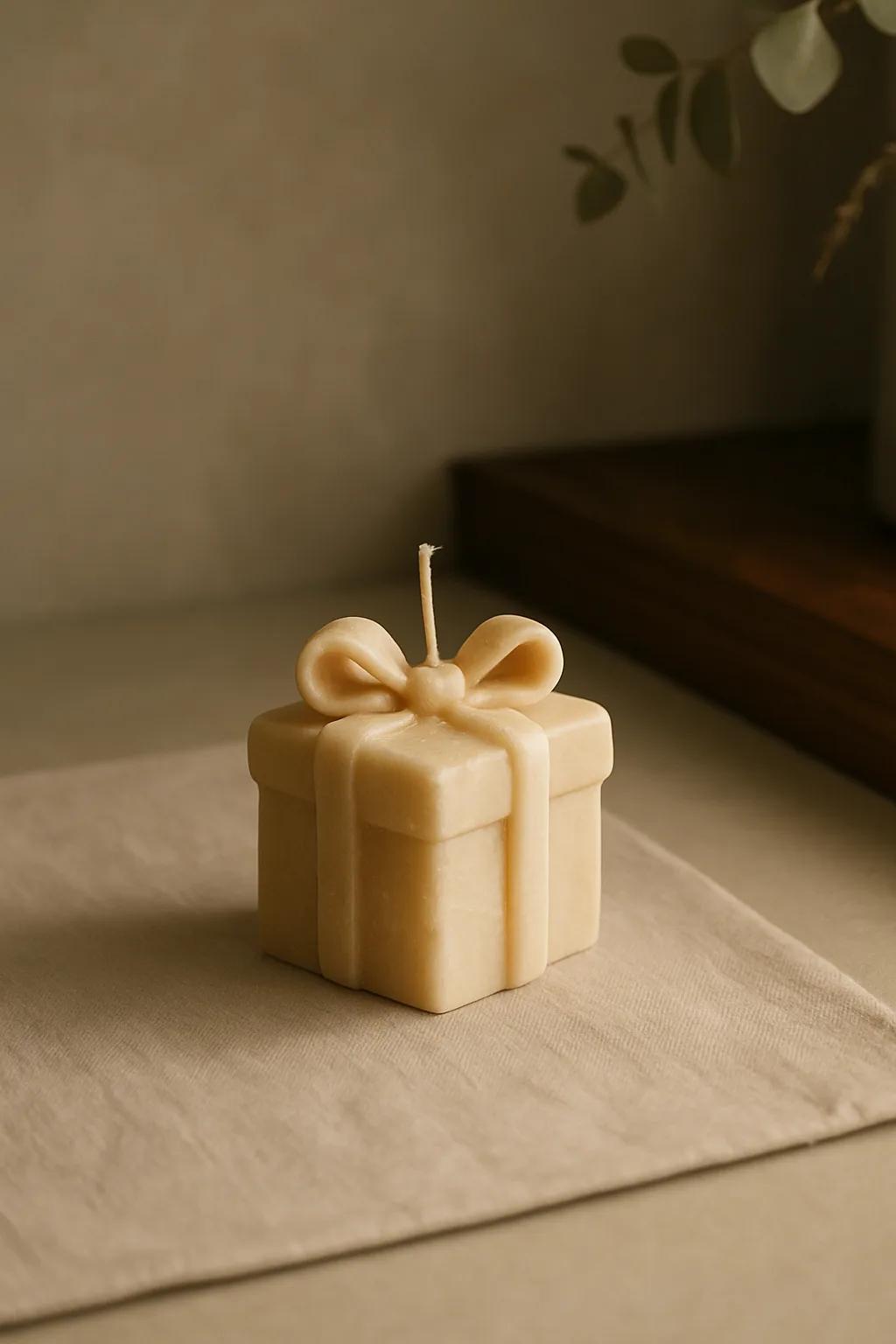 Sculpted Christmas gift box candle with festive wrapped-present detailing