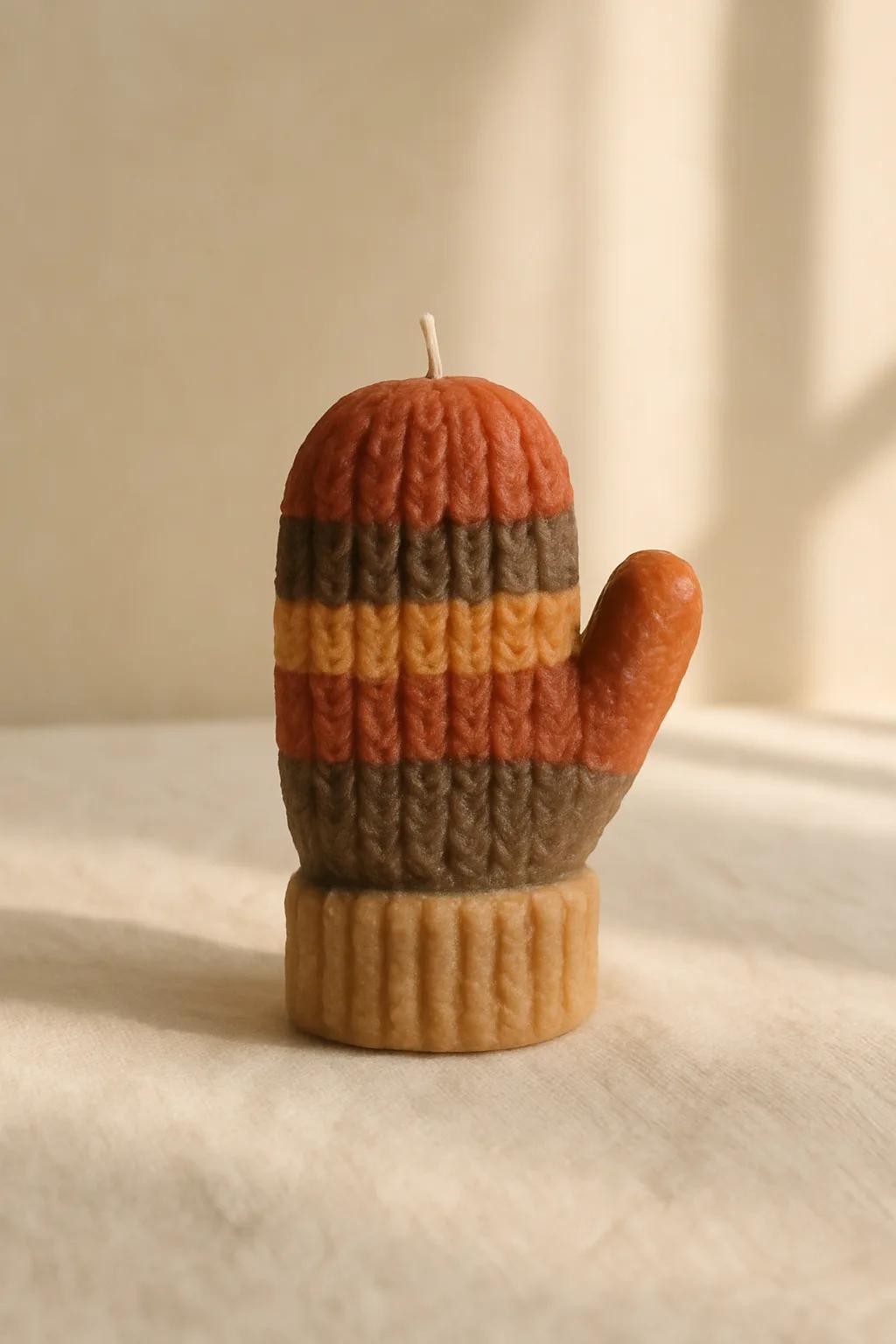 Colourful winter gloves-shaped sculpted candles styled on a winter shelf