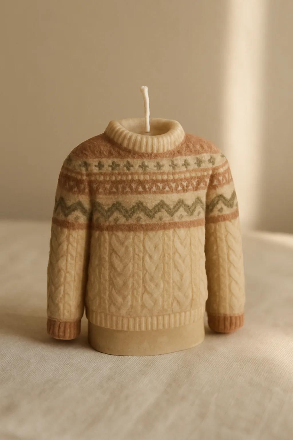 Colorful sweater-shaped sculpted candles with knit detailing