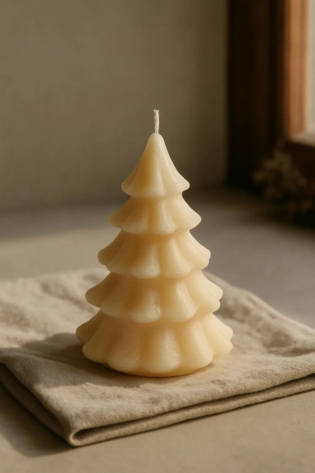 Christmas tree figurine candle with two bundled children and snow accents