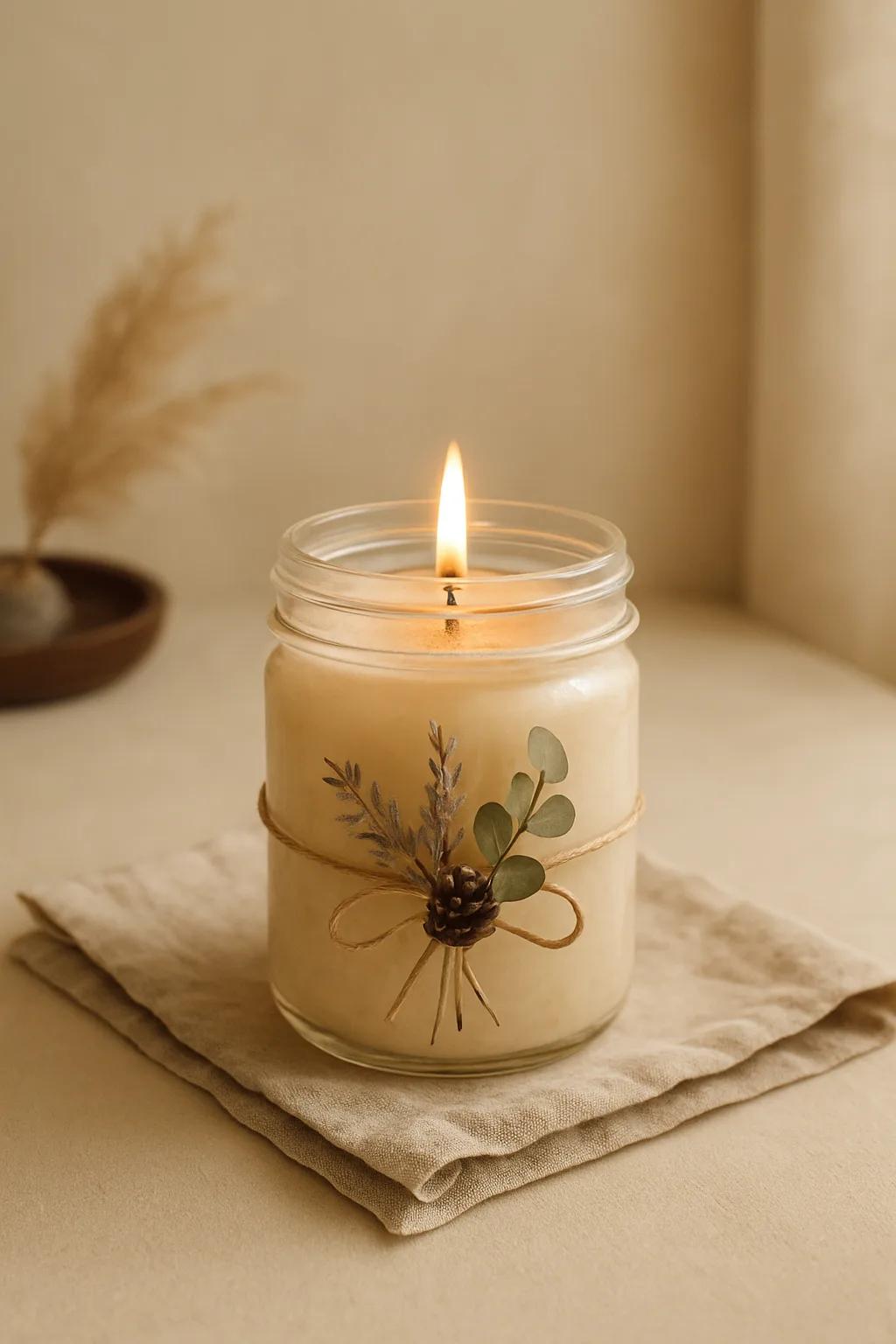 Glass jar Christmas candle with red ribbon and festive wax embellishments