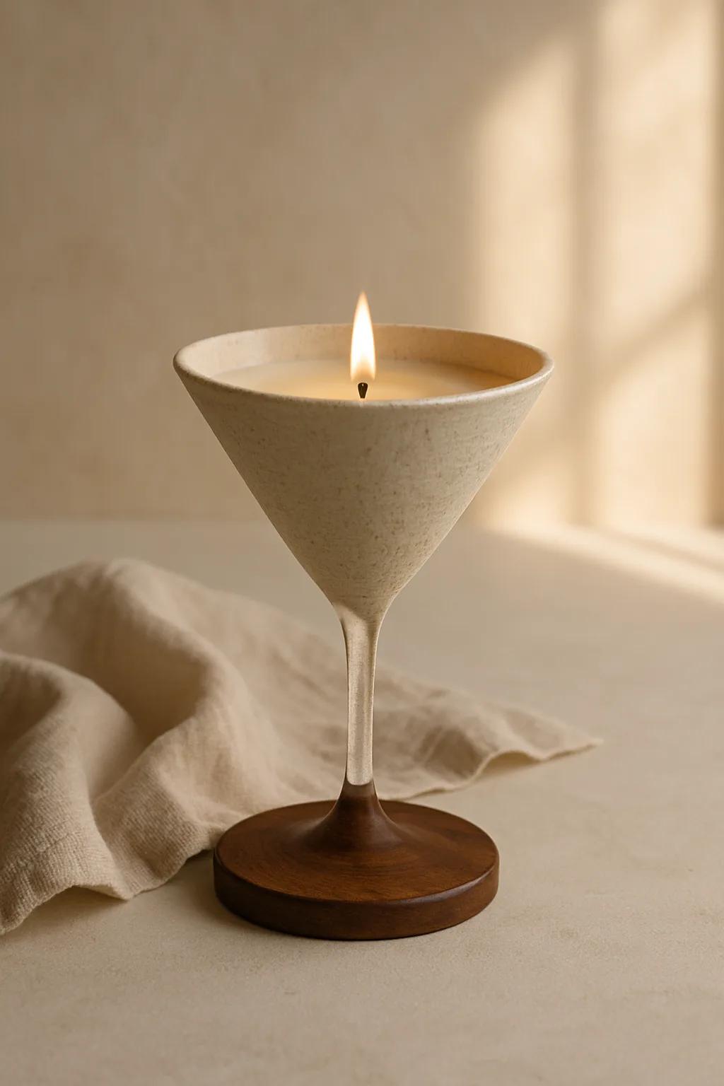 Martini glass candles with dried orange, cinnamon, star anise, evergreen and star confetti