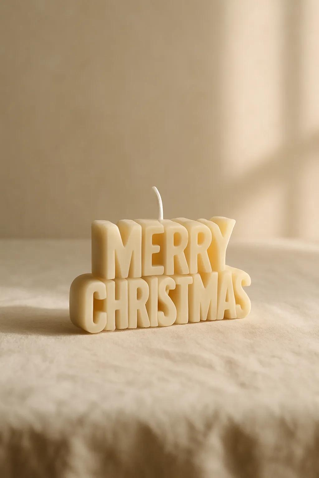 Merry Christmas wax ornament candle with molded festive lettering