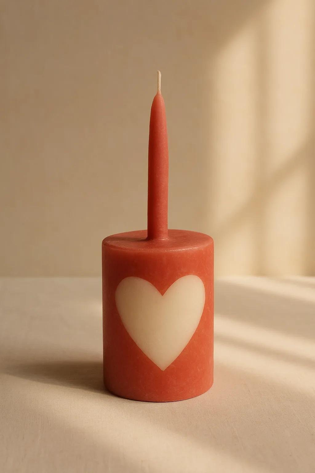 Red and white pillar candles with heart designs
