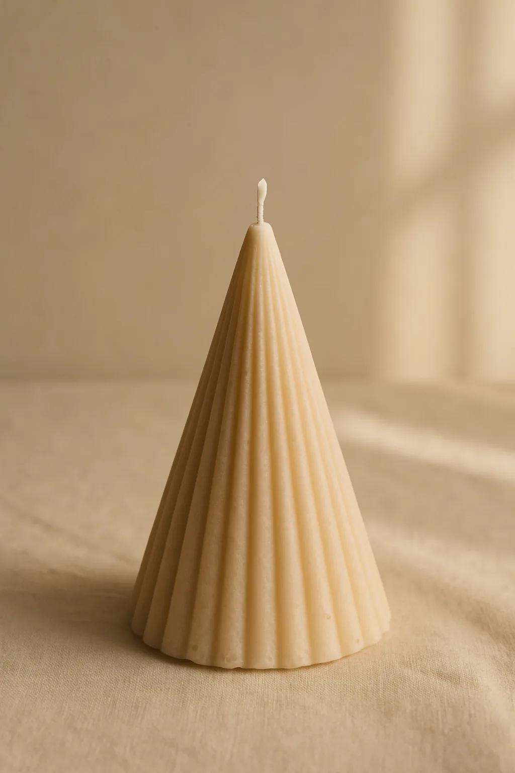 Scented ribbed pillar cone candle in a tall cone shape