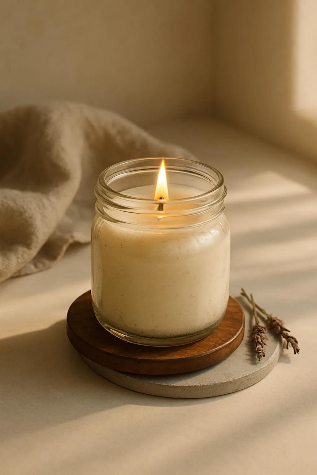 Scented candle in a crystal jar with faceted sides