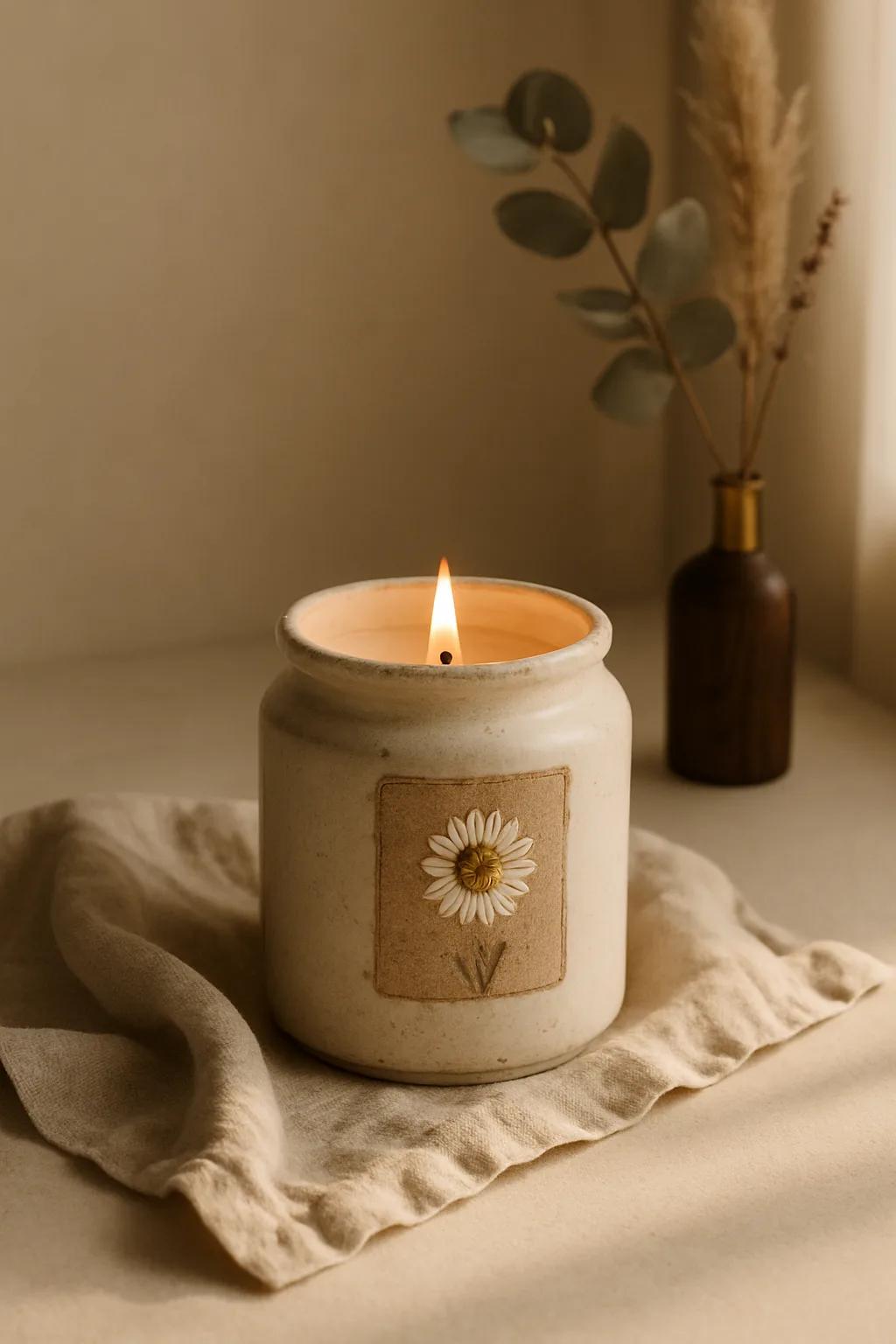 Floral glass jar candle with daisy scent and soy wax