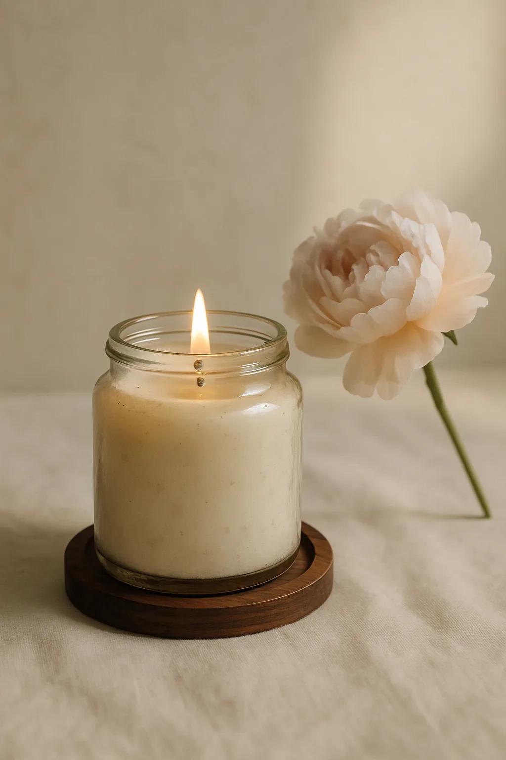 Peony-shaped scented jar candle made with soy wax in a glass jar