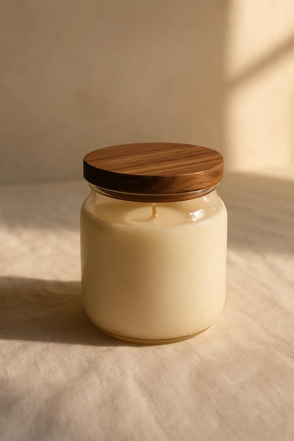Scented jar candle in a glass jar with wooden lid
