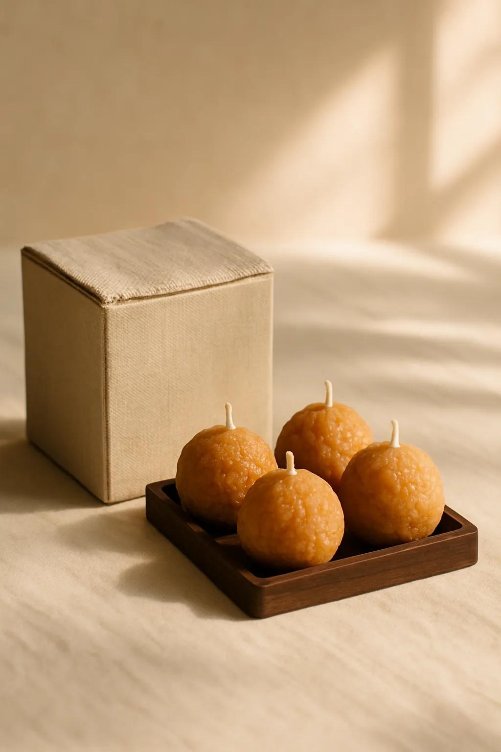 Pack of four laddu-shaped scented candles in an elegant gift box