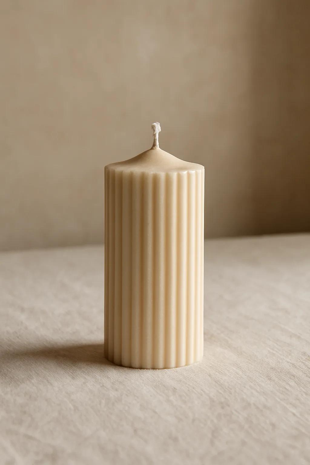 Scented ribbed pillar candle, 15 cm, with textured wax surface