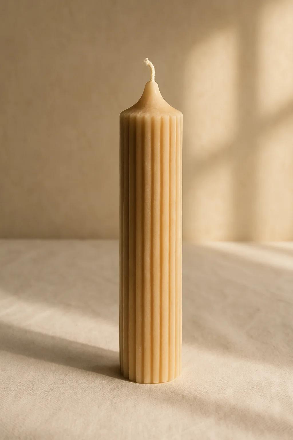 Scented slim ribbed pillar candle with a modern textured silhouette