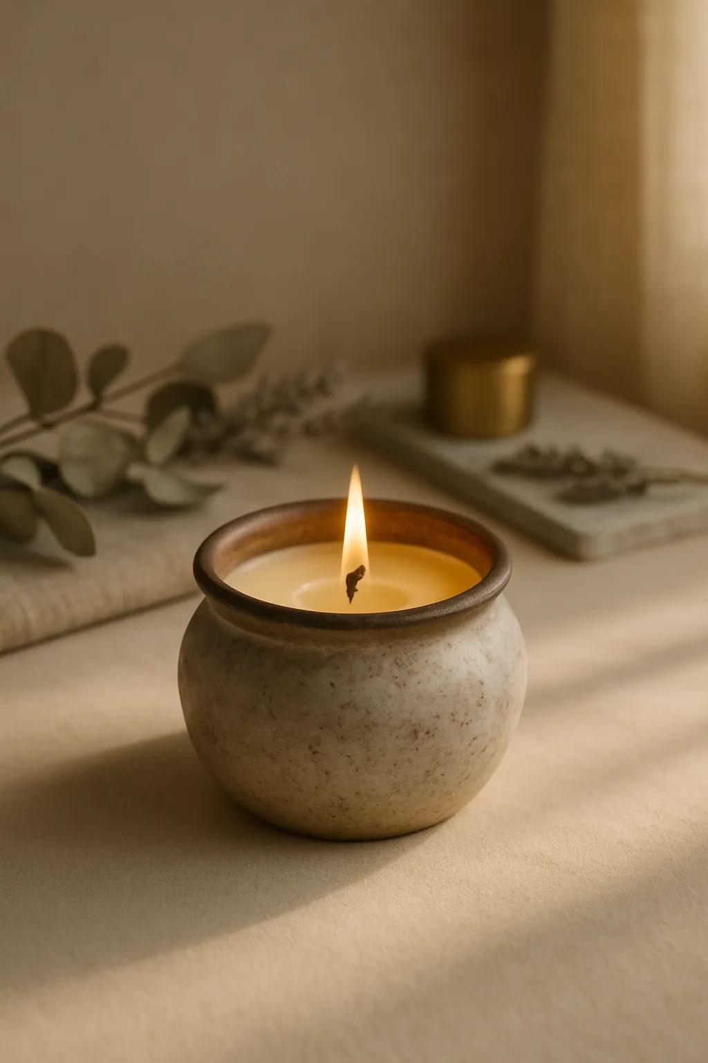 Scented tin matki candle in a pot-shaped tin with a soft glow
