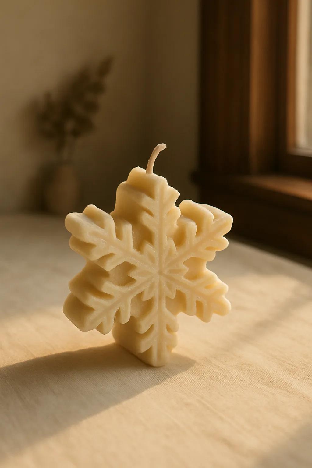 White snowflake-shaped candle with detailed winter pattern