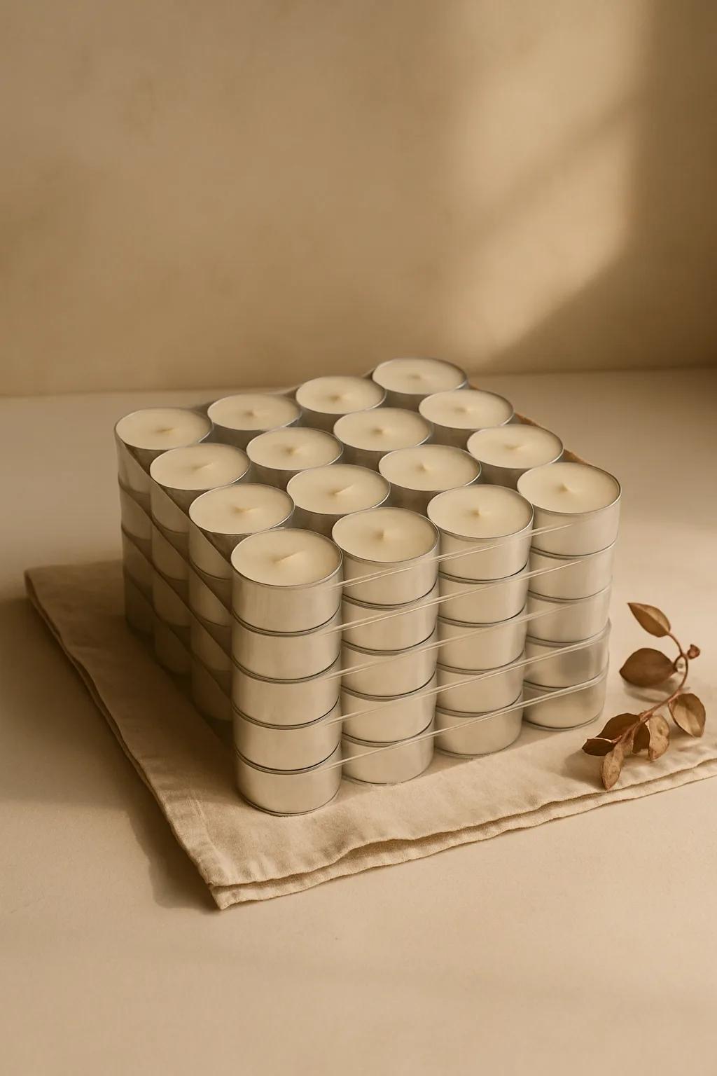 Pack of 50 tea lights with 4 hours burn time each
