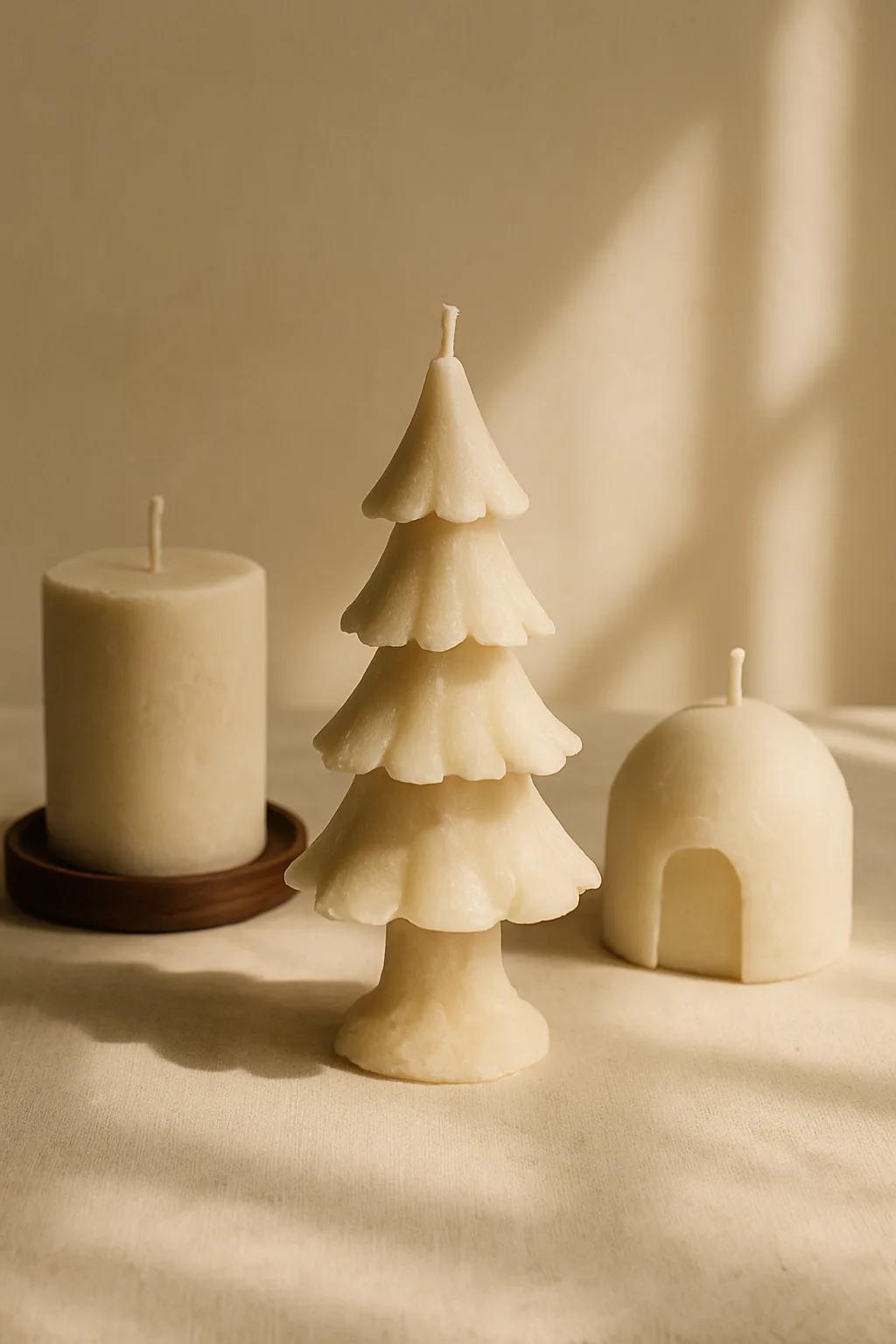 Pine tree and reindeer candle set in a wooden tray with faux snow