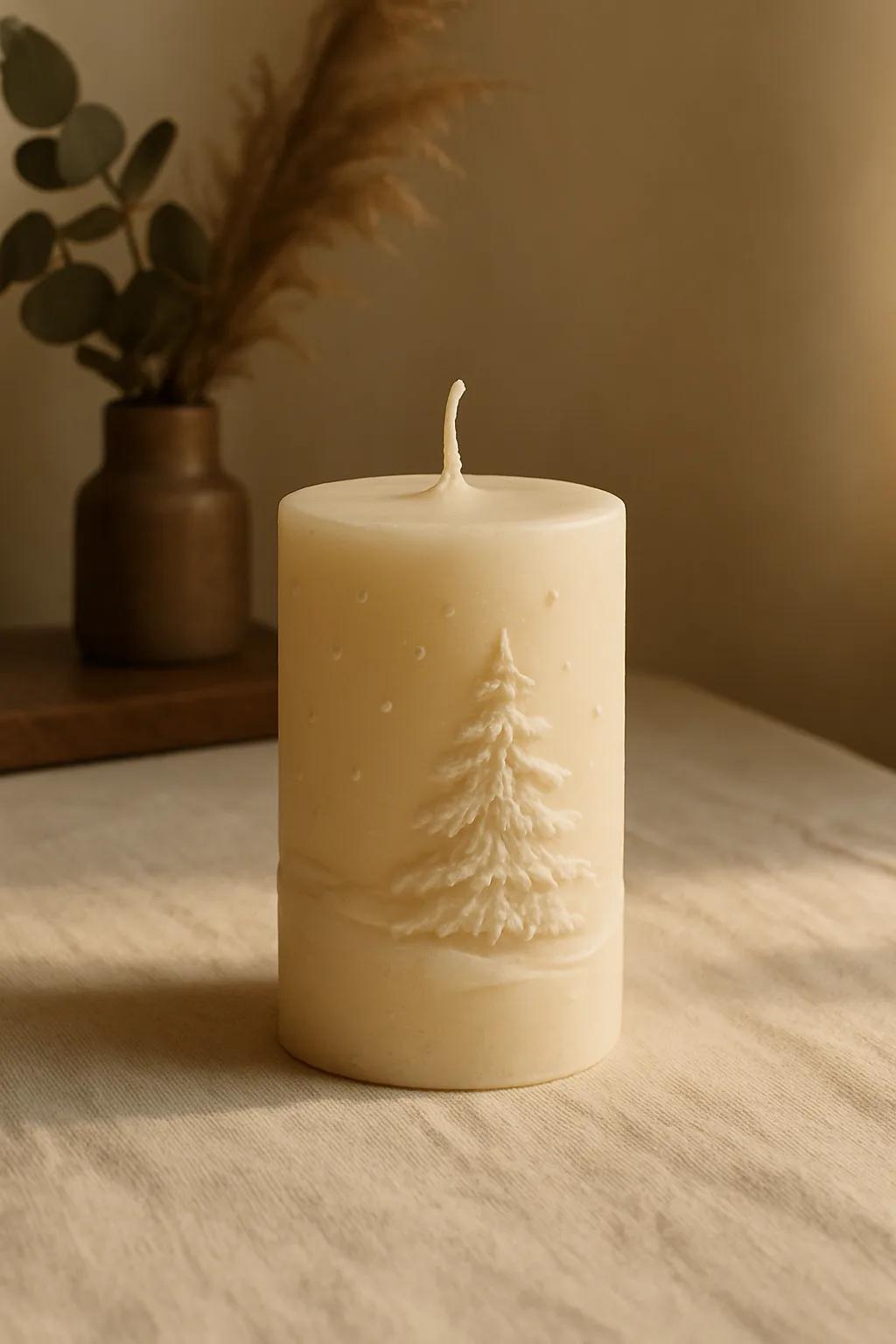 White Christmas pillar candle with holly, pinecones and berries