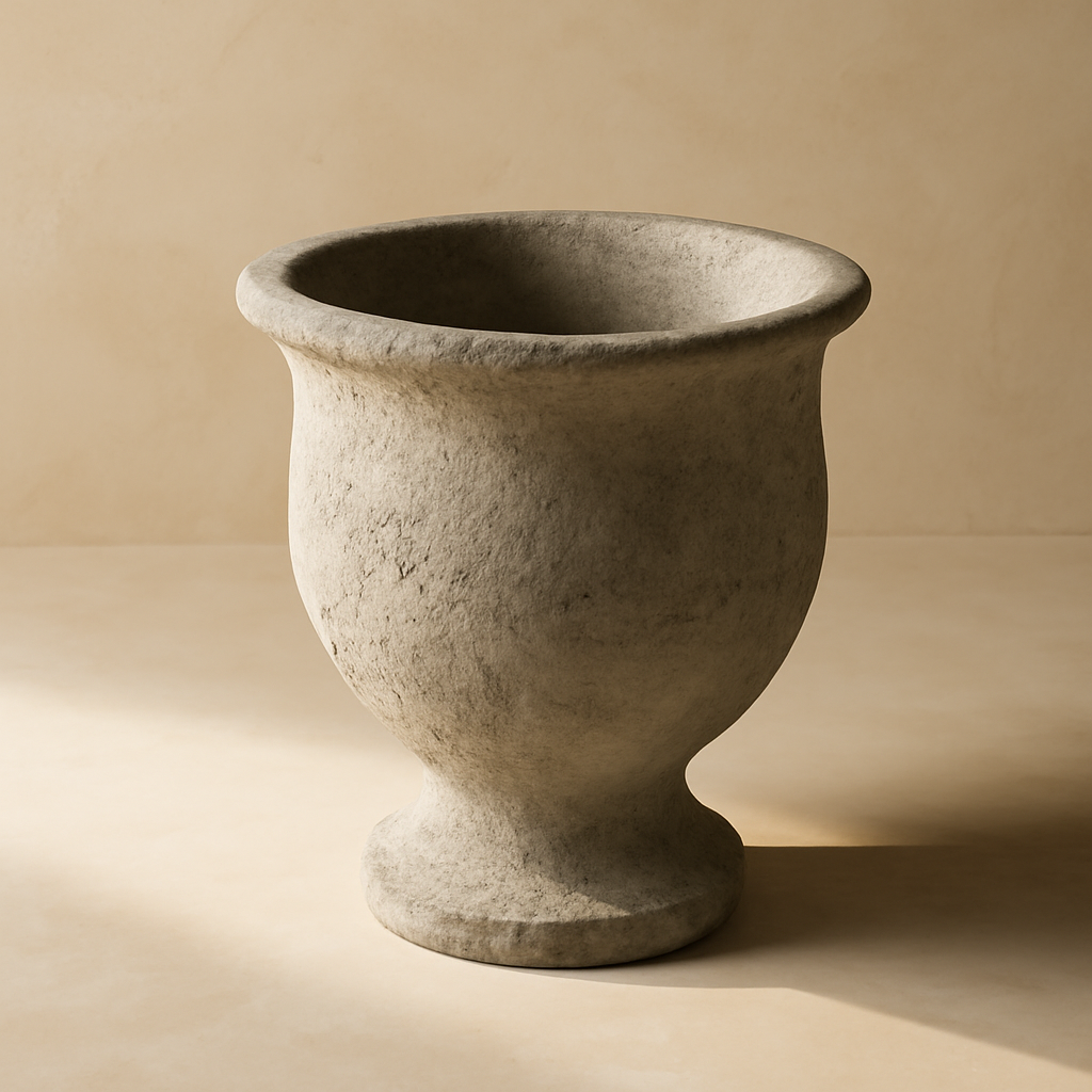Wide-mouth cement urn with a sculptural, hand-finished form